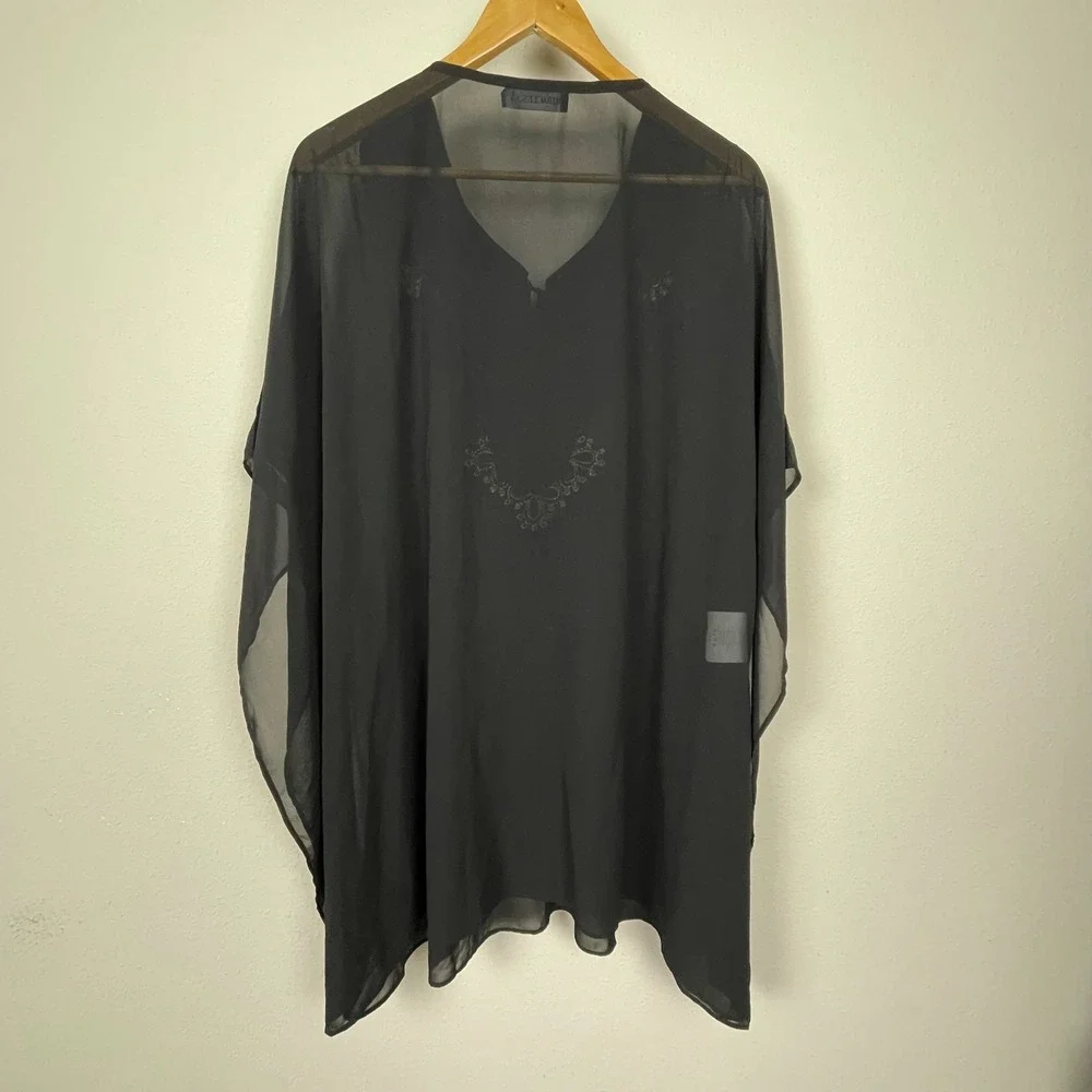 Miraclesuit Black‎ Sheer Boho Cover-Up Tassels Embroidered Size S Oversized